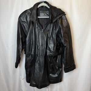 Vintage Leather Jacket Mens XL Black Hooded Drawstring Parka Coat 90s Zip Front
